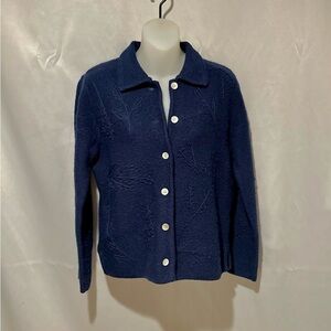 Navy Blue Wool Boucle Cardigan Embroidered Sweater Size Petite Sm
